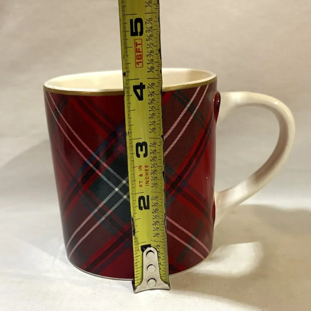 Pair of Willaim Sonoma Scottish Tartan Red Plaid Holiday Coffee Mugs